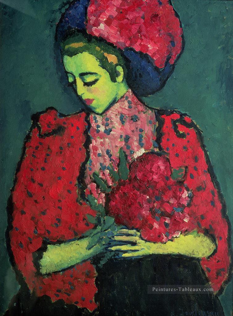 jeune fille avec des pivoines 1909 Alexej von Jawlensky Peintures à l'huile